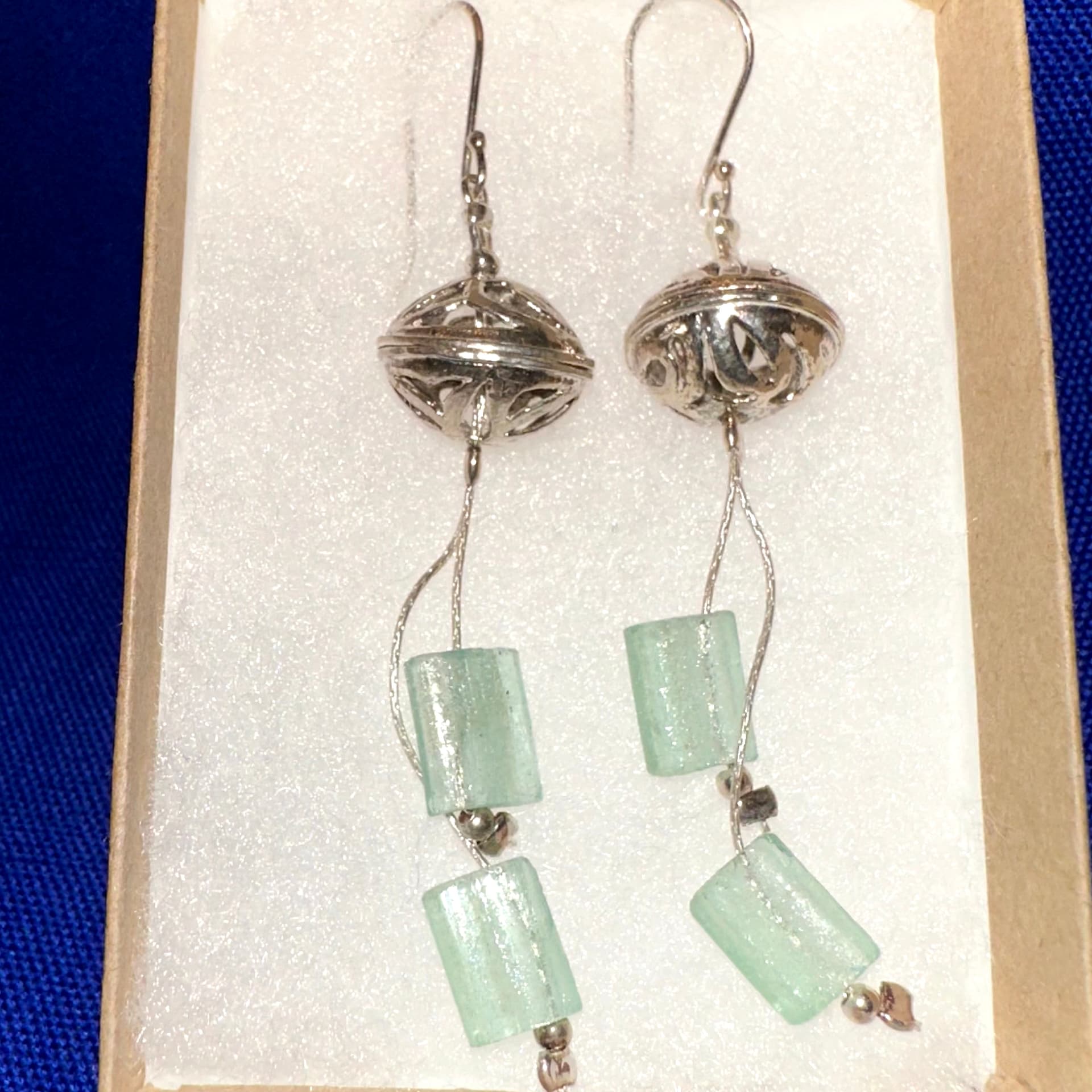 Roman Glass Earrings - dangling earrings, silver filagree ball.