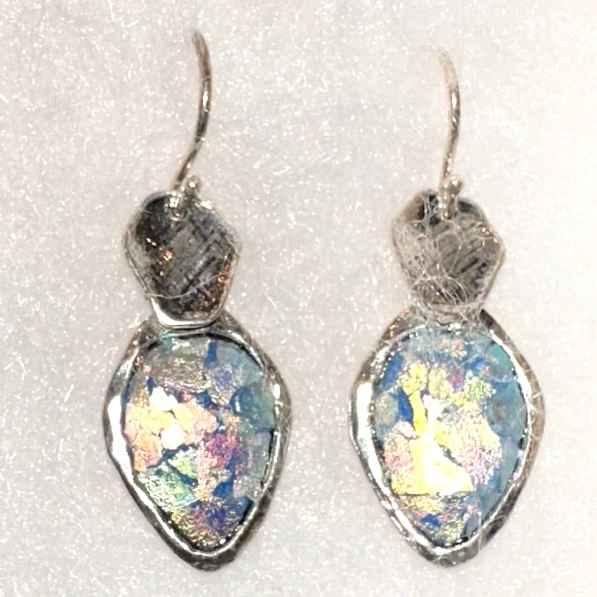 Roman Glass Earrings - Upside down Teardrop with sterling silver dot.