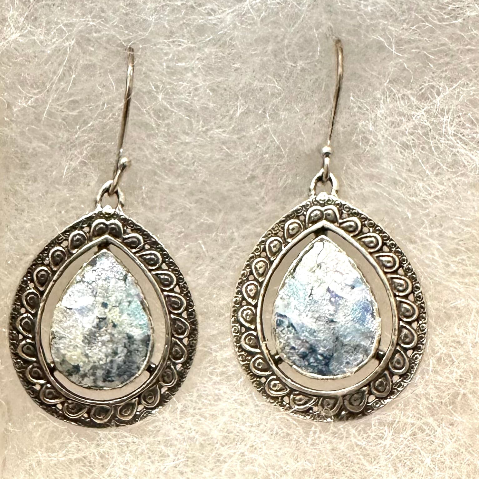 Roman Glass Earrings - Teardrop, embossed sterling silver trim.